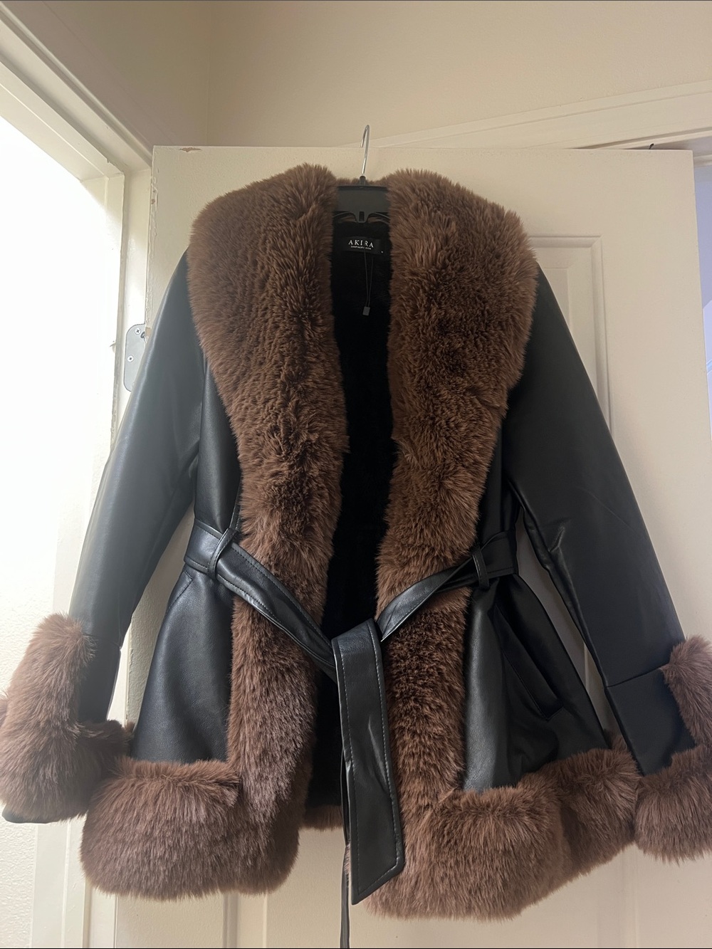 AKIRA Luxe Faux Fur Trim Faux Leather Belted Coat Black Brown